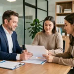 Agent immobilier expliquant une garantie loyer impayé à un couple de locataires dans une agence moderne