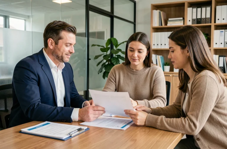 Agent immobilier expliquant une garantie loyer impayé à un couple de locataires dans une agence moderne