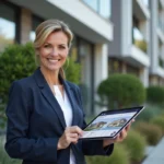 Agent immobilière devant un immeuble résidentiel moderne tenant une tablette avec des annonces immobilières en 2024