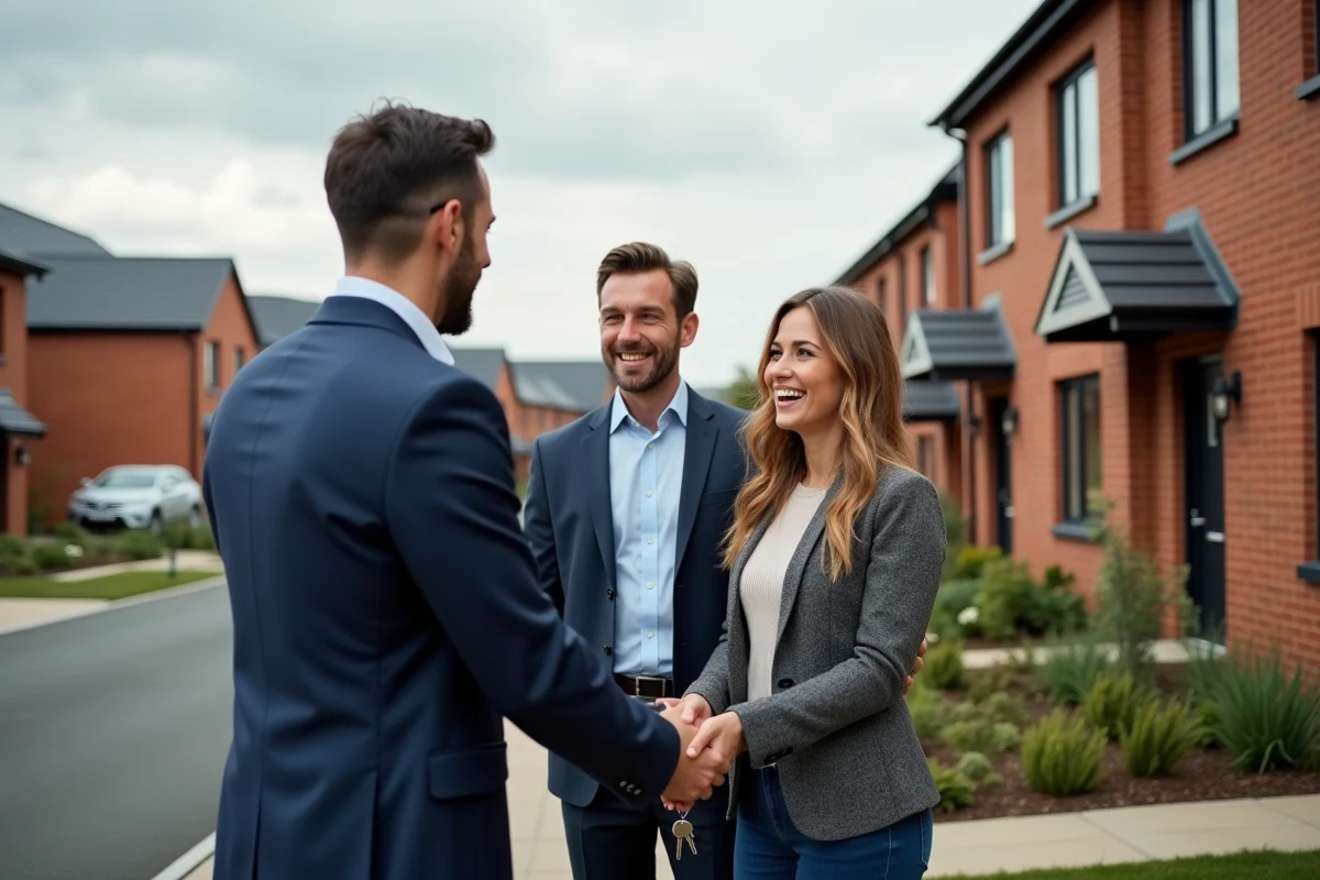 Agent immobilier remettant les clés à un jeune couple devant la maison