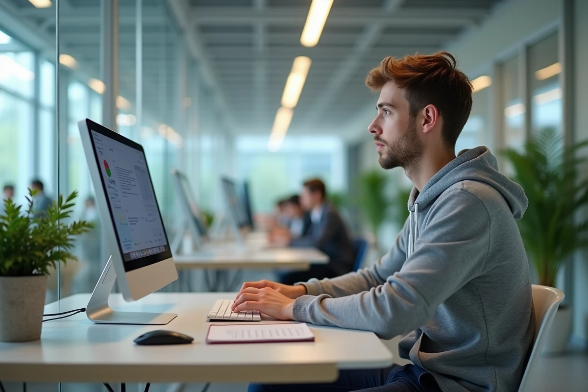 Alternant consultant l'extranet PSB sur un ordinateur de bureau dans un espace de travail partagé sur le campus