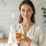 Femme tenant un flacon de soin corporel minimaliste dans une salle de bain au style scandinave épuré, évoquant les marques alternatives à Rituals