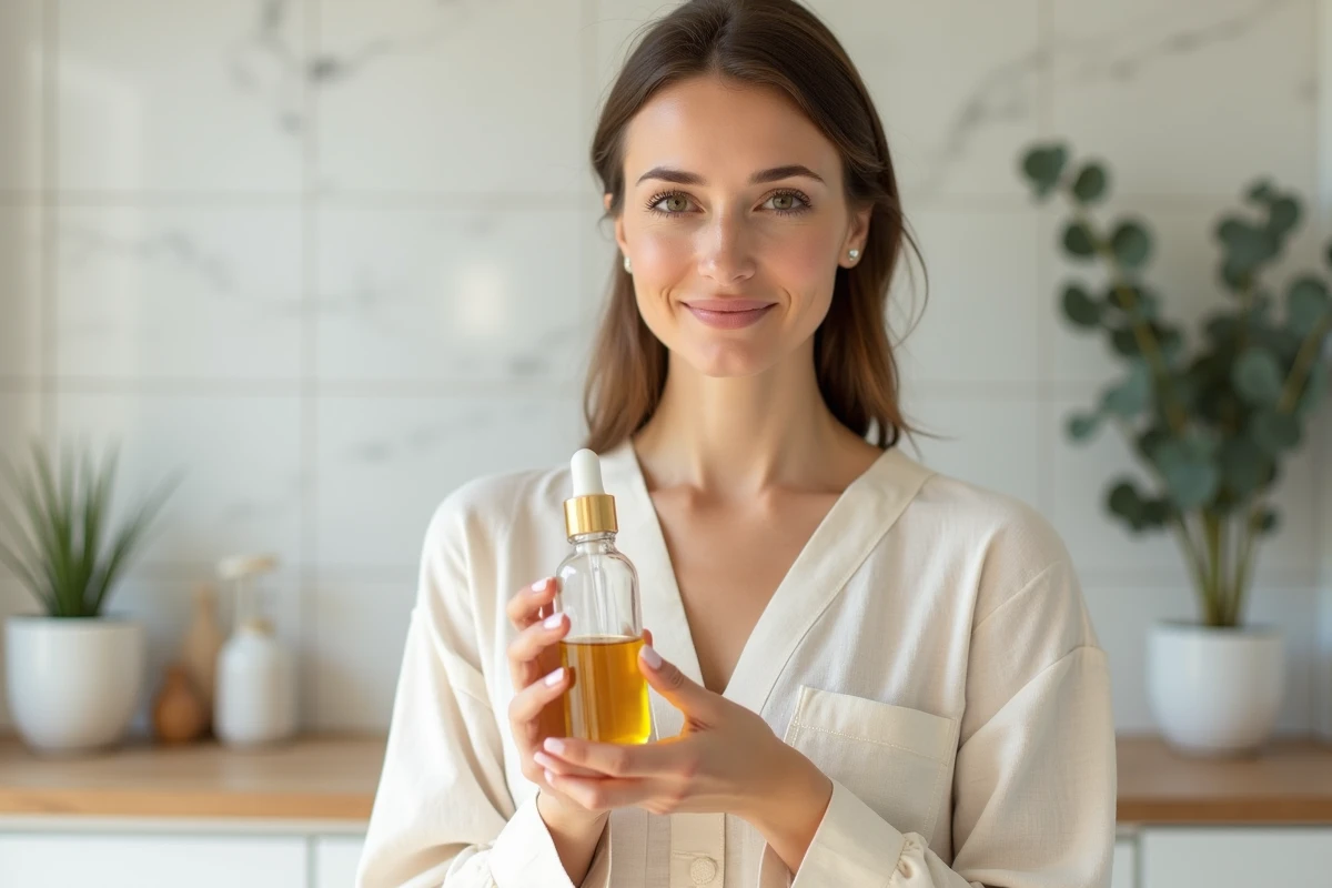 Femme tenant un flacon de soin corporel minimaliste dans une salle de bain au style scandinave épuré, évoquant les marques alternatives à Rituals