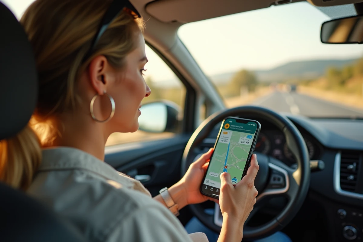 Femme utilisant une application GPS sur smartphone pour naviguer sur les autoroutes gratuites en Espagne