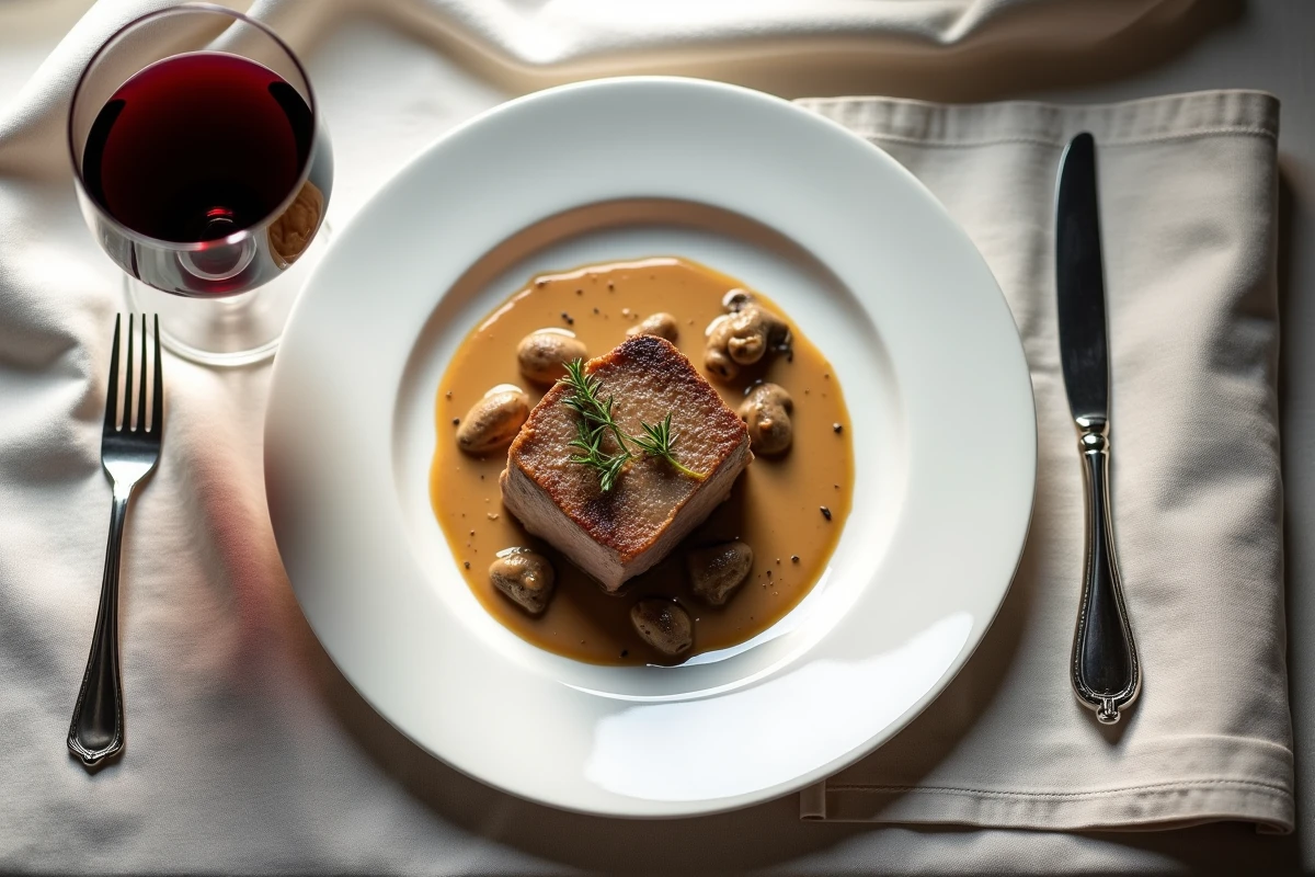Assiette gastronomique de veau aux morilles accompagnée d'un verre de vin rouge au restaurant