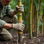 Homme attachant un bambou au sol avec de la ficelle de jute dans un jardin, technique de fixation solide