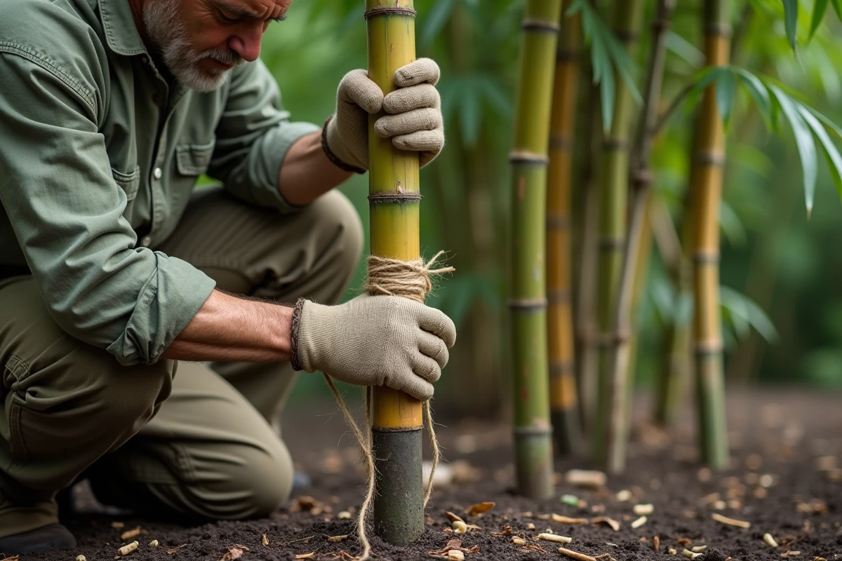 Homme attachant un bambou au sol avec de la ficelle de jute dans un jardin, technique de fixation solide