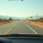 Autoroute gratuite en Espagne traversant un paysage sec et doré avec des montagnes en arrière-plan