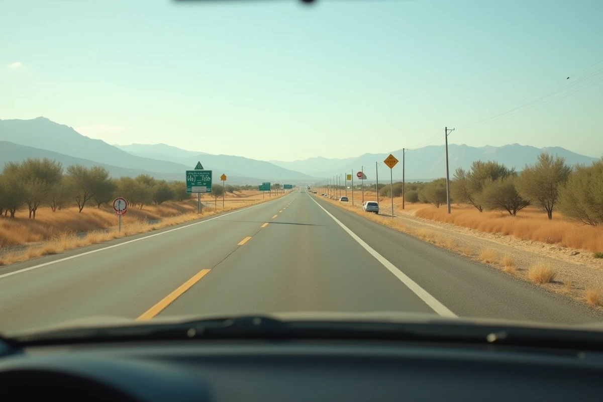Autoroute gratuite en Espagne traversant un paysage sec et doré avec des montagnes en arrière-plan