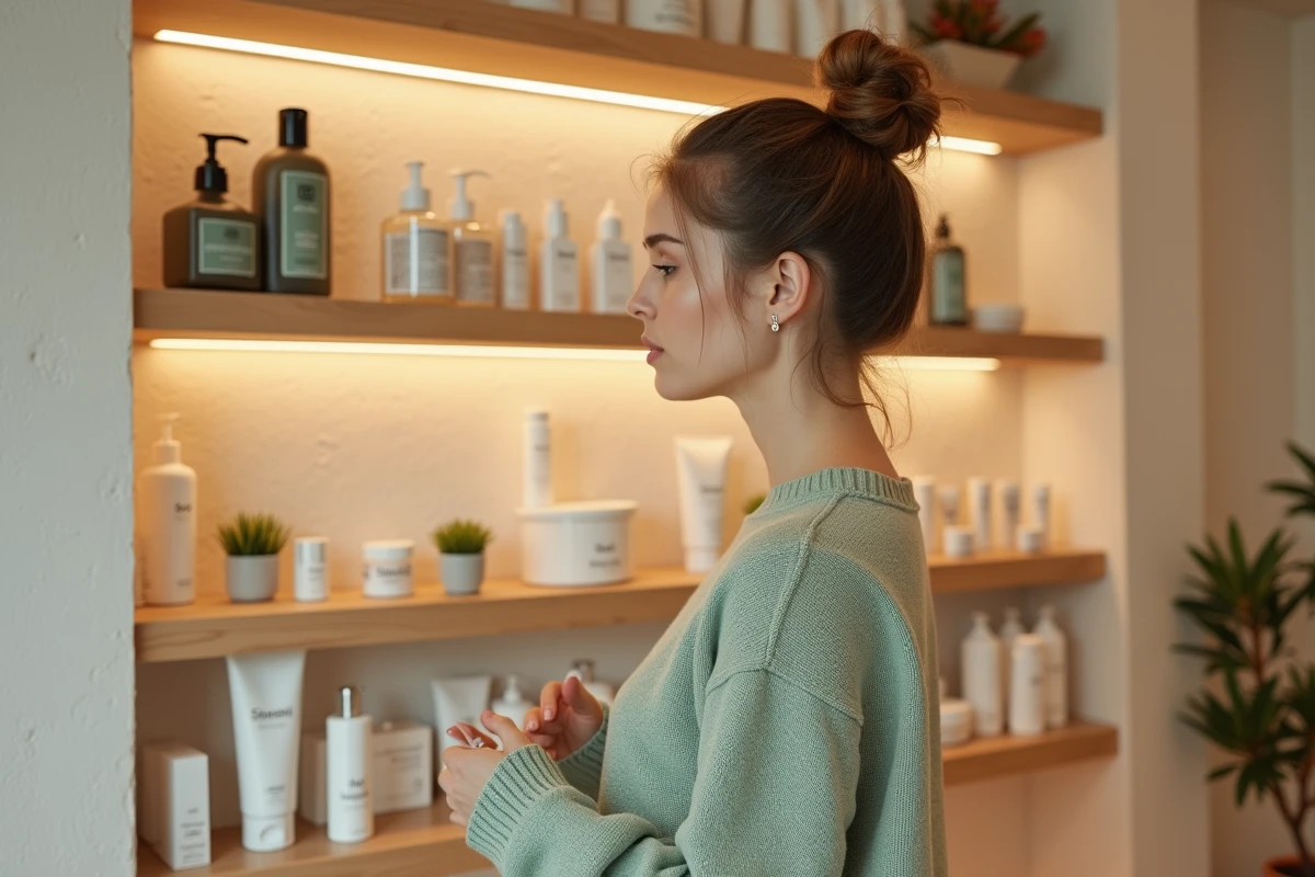 Femme explorant les rayons d'une boutique de beauté haut de gamme proposant des marques concurrentes à Rituals