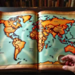 Carte du monde physique ancienne posée sur une table en bois avec le Sri Lanka visible dans l'océan Indien