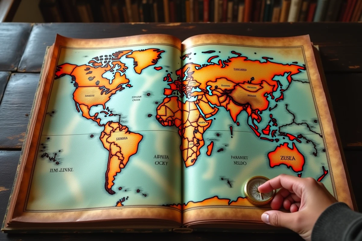 Carte du monde physique ancienne posée sur une table en bois avec le Sri Lanka visible dans l'océan Indien