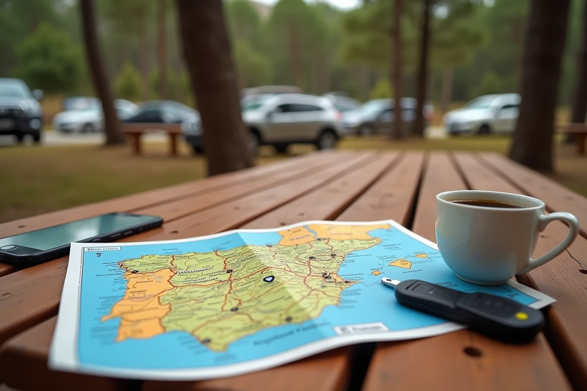 Carte routière de l'Espagne et application de navigation posées sur une table lors d'une pause sur autoroute