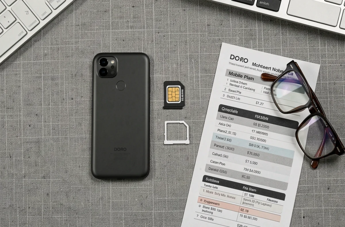 Vue aérienne d'un téléphone Doro, une carte SIM et des accessoires posés sur une surface en lin pour comparer les forfaits