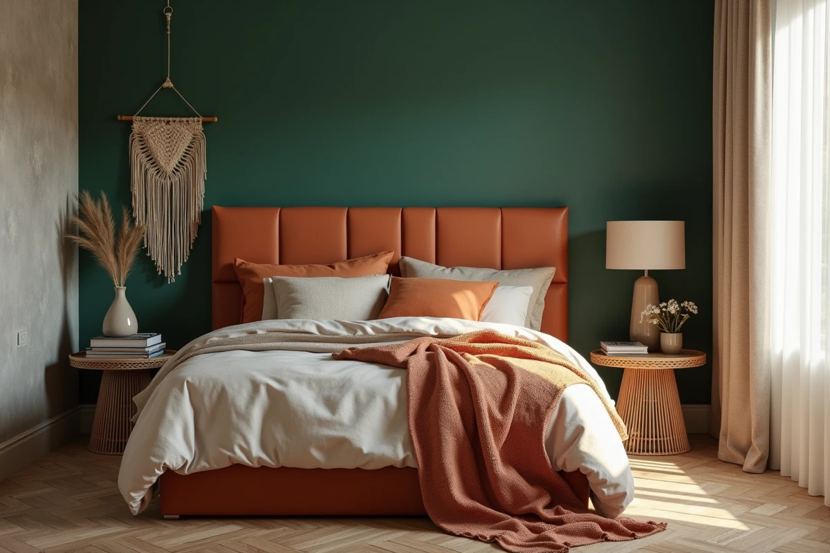 Chambre à coucher tendance avec tête de lit en lin terracotta, mur vert forêt et literie en tons chauds pour une décoration intérieure stylée