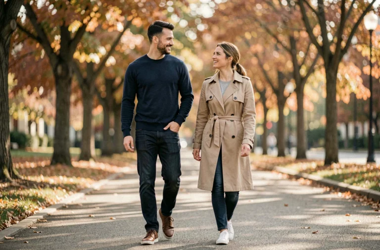 Couple complice se promenant dans un parc urbain en automne, illustrant la vie amoureuse de Brian Banks