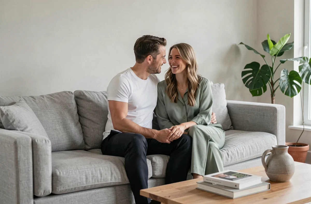 Couple détendu partageant un moment complice dans un salon moderne, symbolisant la vie intime et sereine de Brian Banks et sa compagne