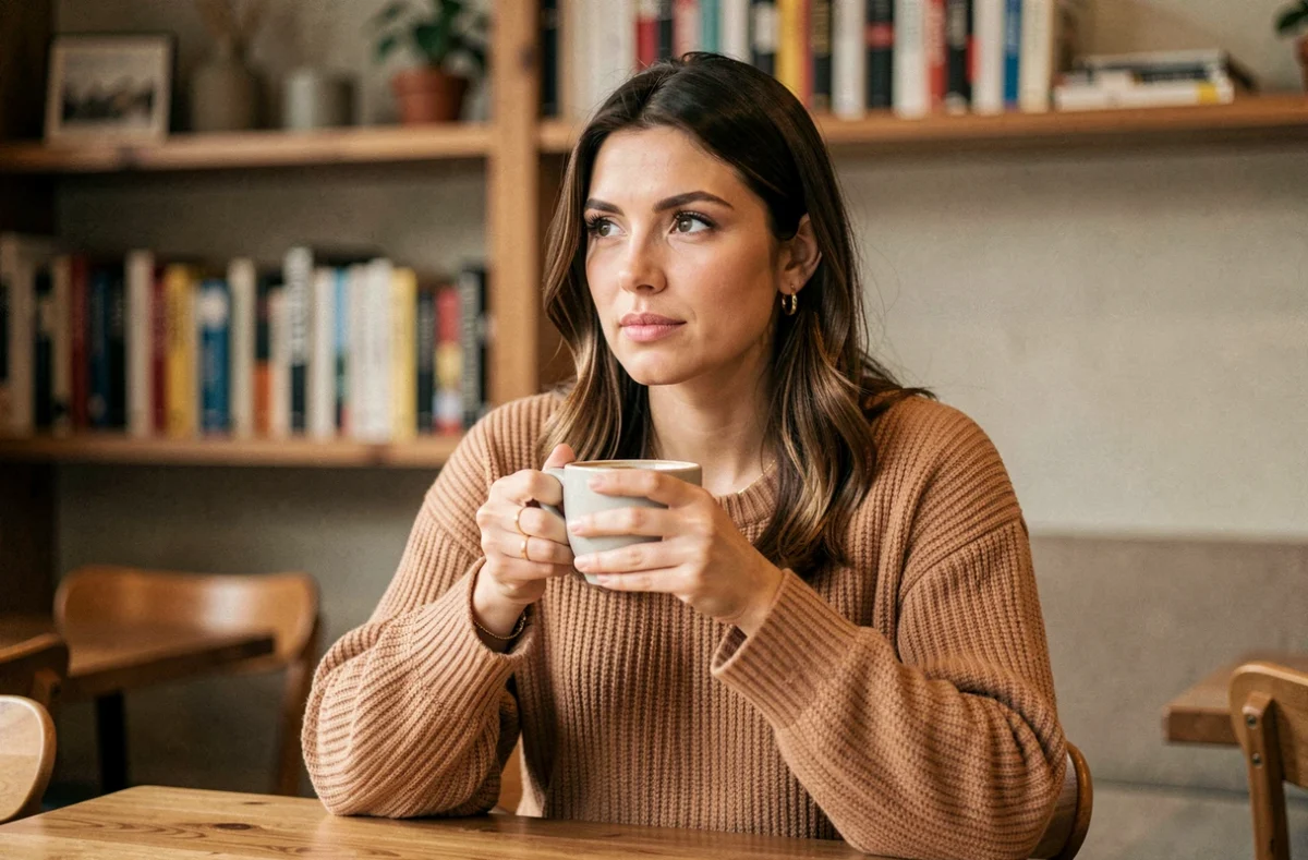 Portrait d'une femme élégante dans un café, évoquant la compagne discrète et accomplie de Brian Banks