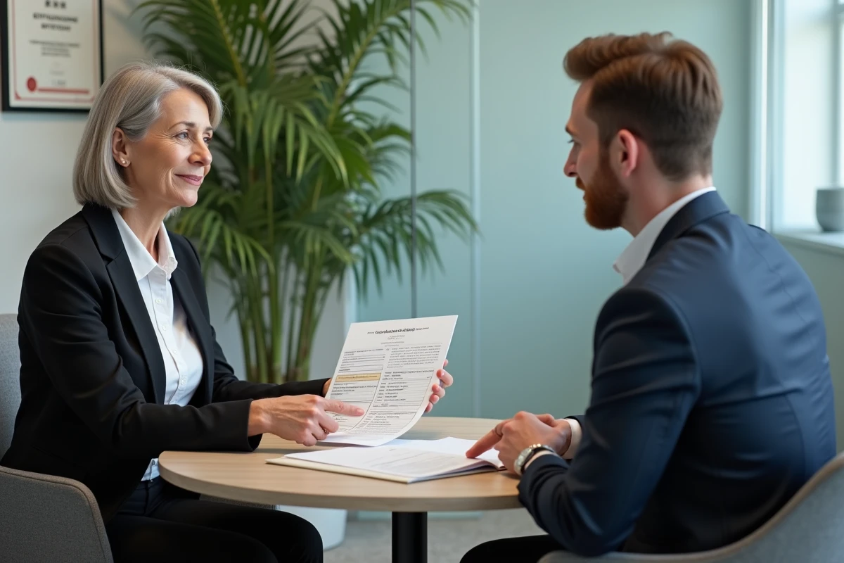 Conseillère en formation orientant un professionnel lors d'un entretien de conseil en développement de carrière