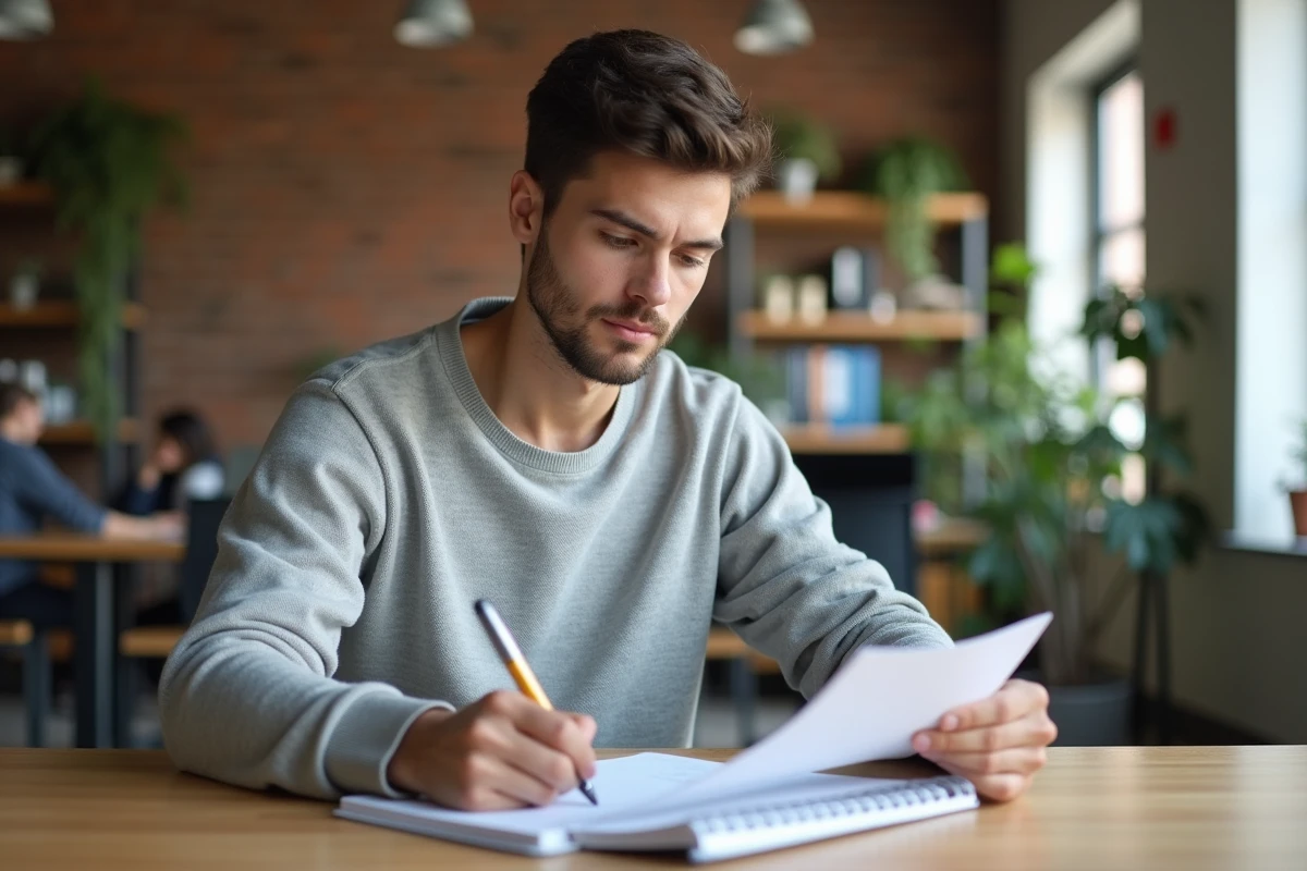 Jeune professionnel consultant un catalogue de formations et prenant des notes dans un espace de coworking