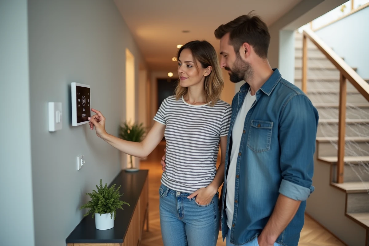 Couple consultant un panneau domotique connecté dans le couloir d'une maison moderne