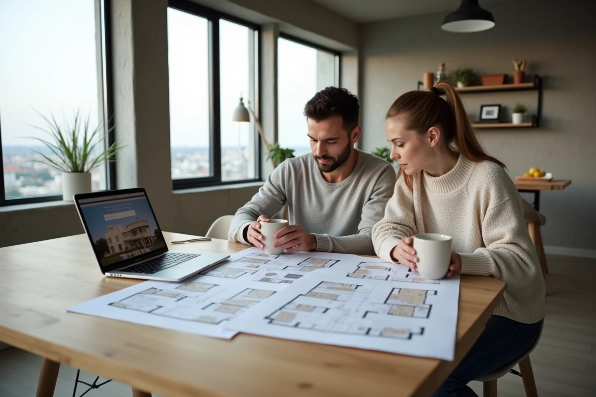 Jeune couple étudiant des plans immobiliers et documents de vente dans un appartement contemporain