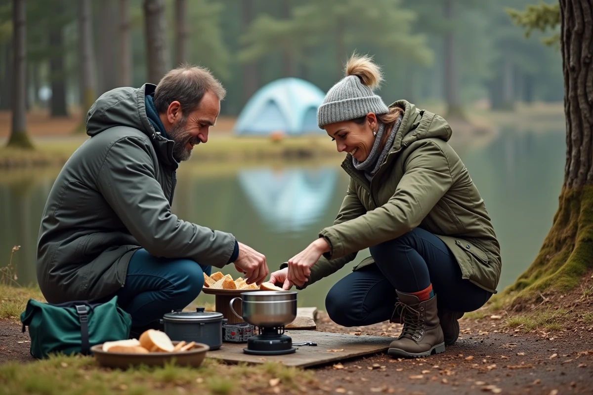 Couple préparant le petit déjeuner au bord d’un lac dans les Landes