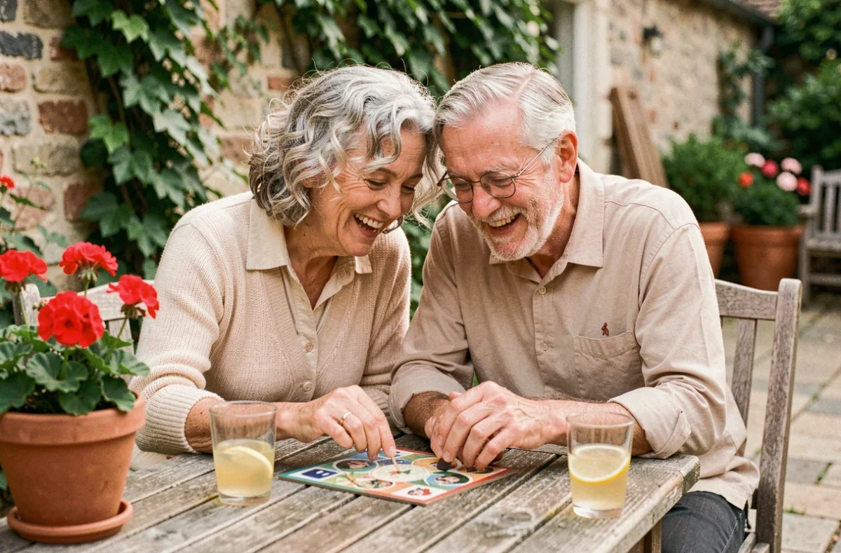 Couple de retraités jouant à un jeu de société dans leur jardin avec bonne humeur