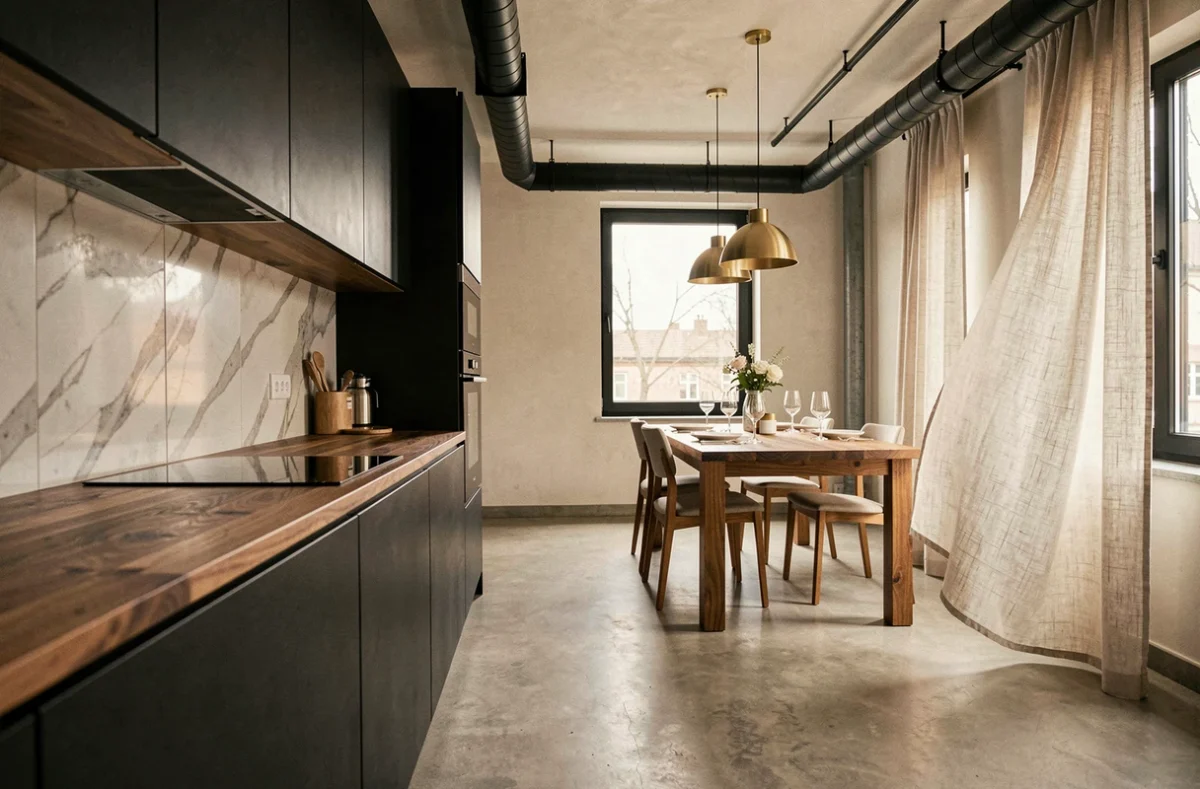 Cuisine ouverte moderne avec façades noires, plan de travail en noyer et table à manger en chêne dans un appartement au style industriel chaleureux