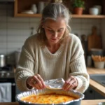 Femme en pull couvre un gratin dans une cuisine chaleureuse