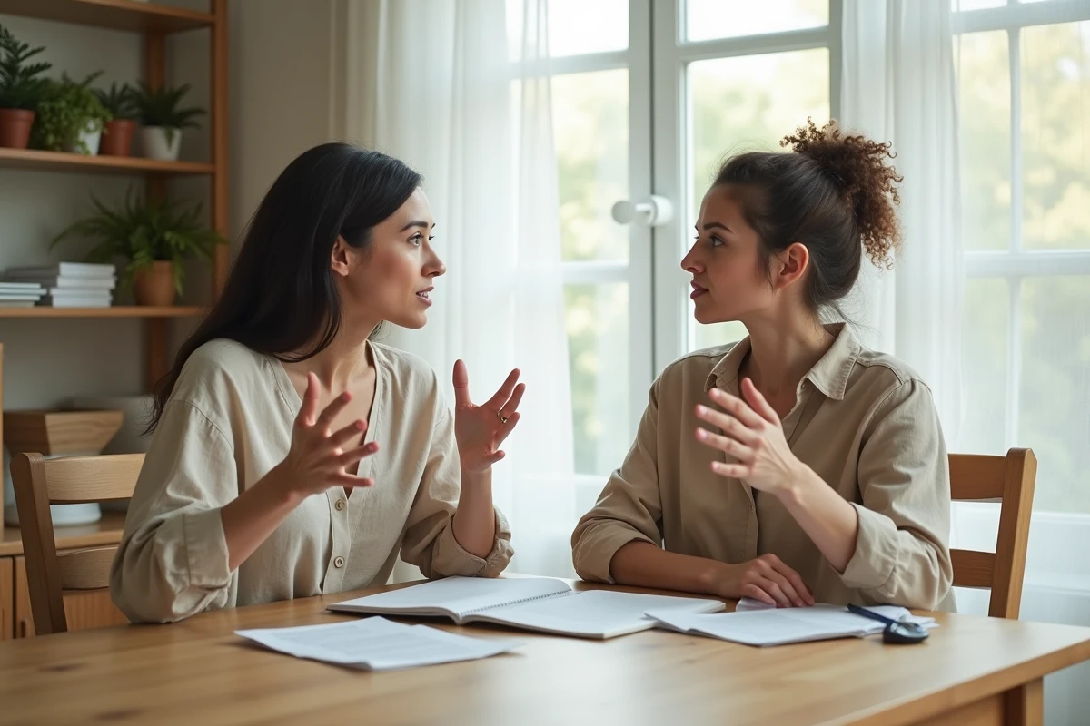 Deux femmes discutant d'une décision importante ensemble autour d'une table, prenant des notes