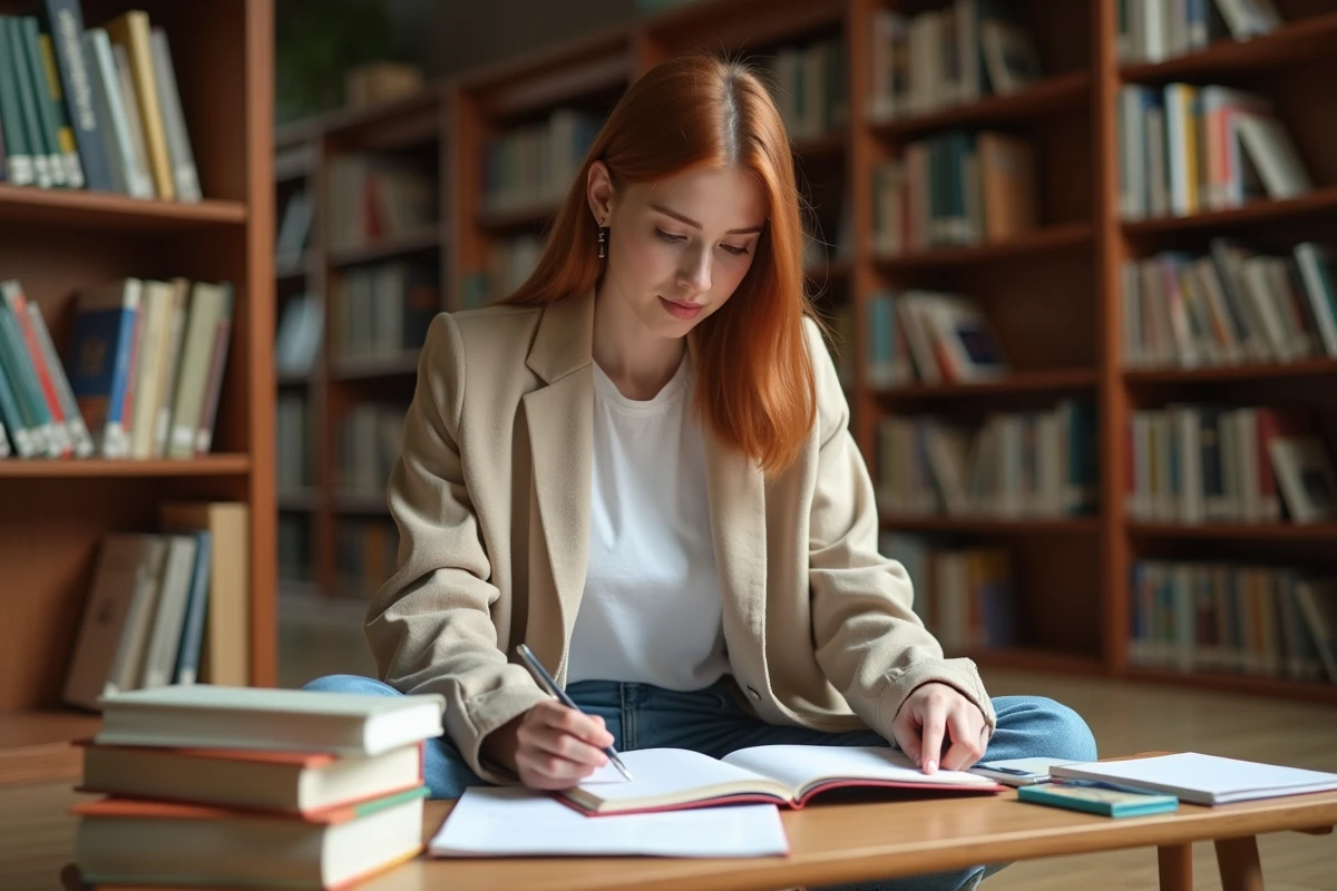 Jovem mulher se preparando para se tornar professora particular organizando seus materiais pedagógicos em uma biblioteca