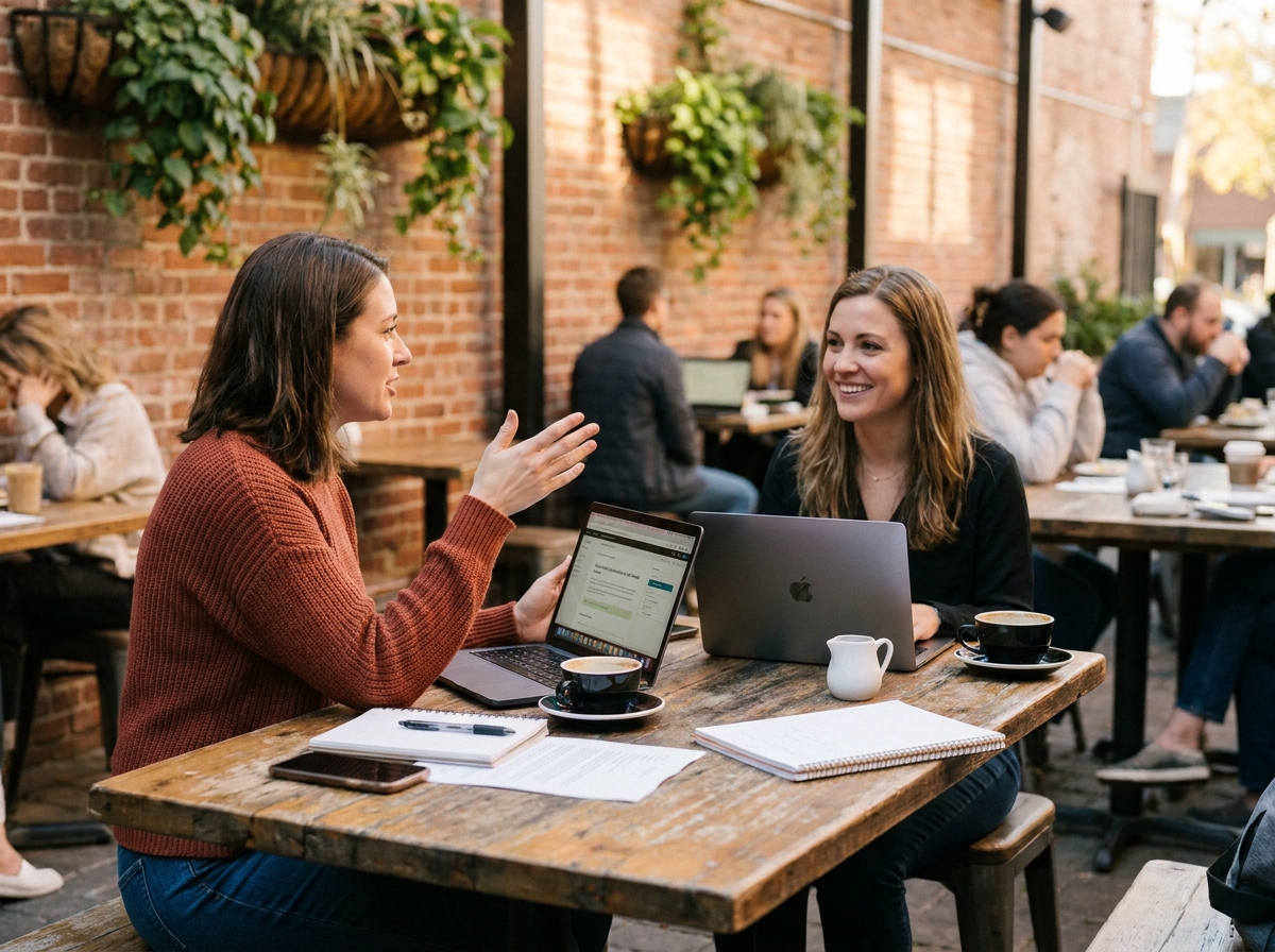 Deux femmes discutant de stratégies de communication pour une école en ligne dans un café
