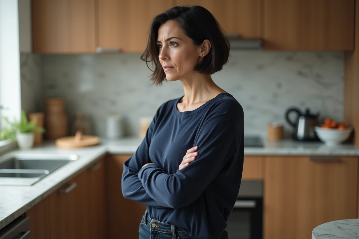 Femme ressentant une douleur à la côte flottante dans un cadre domestique, illustrant l'impact quotidien d'une douleur costale chronique