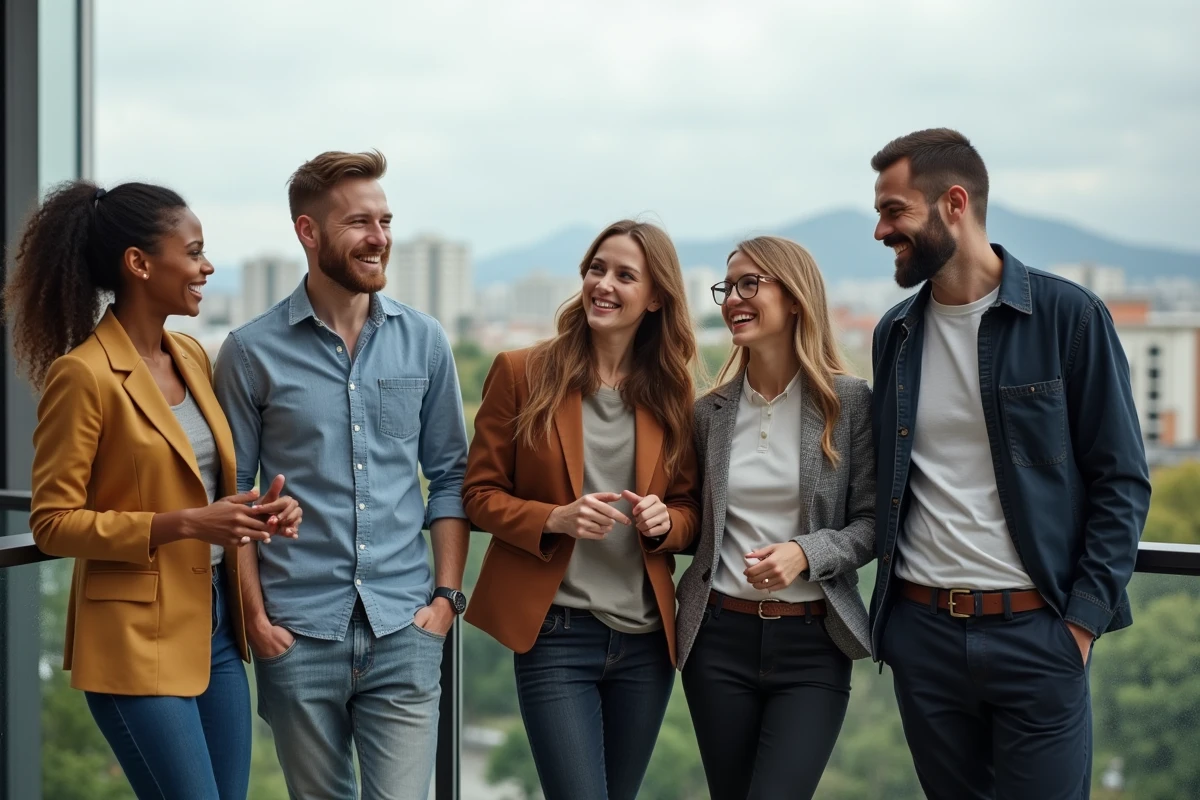 Equipe de collègues souriants sur une terrasse urbaine