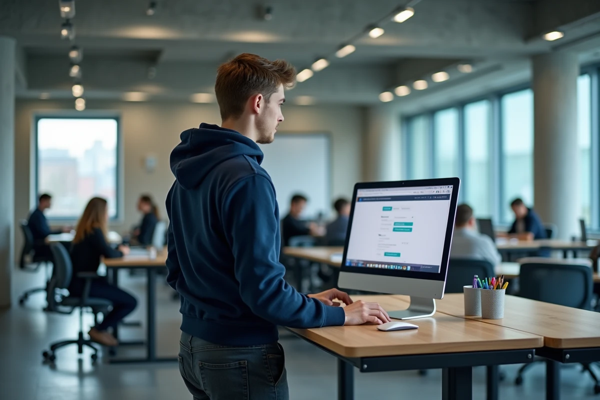 Étudiant en train de téléverser ses documents sur la plateforme eCandidat dans un espace de travail universitaire moderne