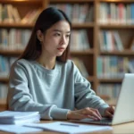 Étudiante déposant un dossier de candidature en ligne sur un portail universitaire dans une bibliothèque