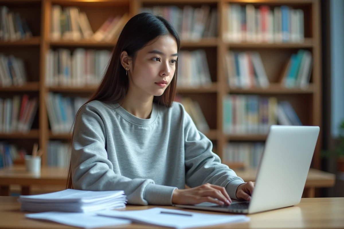 Étudiante déposant un dossier de candidature en ligne sur un portail universitaire dans une bibliothèque