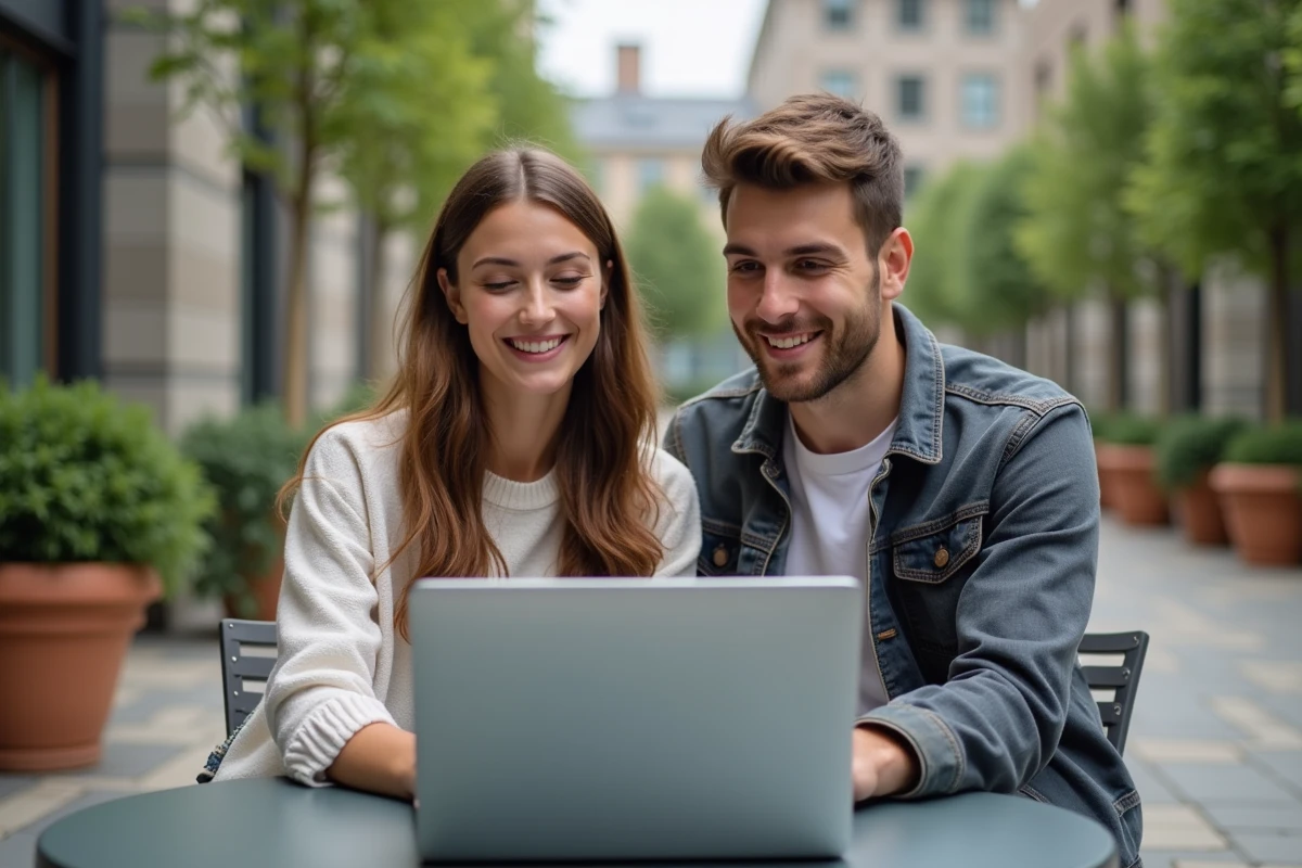 Deux étudiants stagiaires et alternants consultant ensemble l'extranet PSB sur une terrasse universitaire