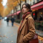 Jeune femme élégante portant un manteau camel et un foulard en soie dans une rue pavée parisienne en automne