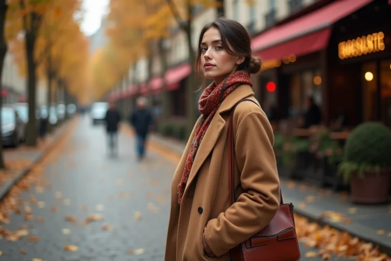 Jeune femme élégante portant un manteau camel et un foulard en soie dans une rue pavée parisienne en automne