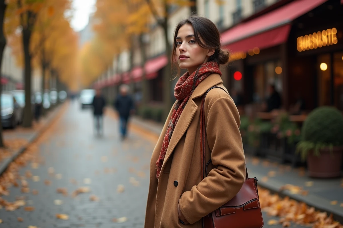 Jeune femme élégante portant un manteau camel et un foulard en soie dans une rue pavée parisienne en automne