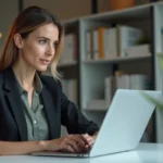 Femme d'affaires au bureau utilisant un ordinateur portable