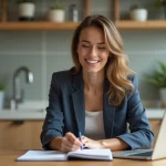 Femme souriante au bureau à domicile avec ordinateur