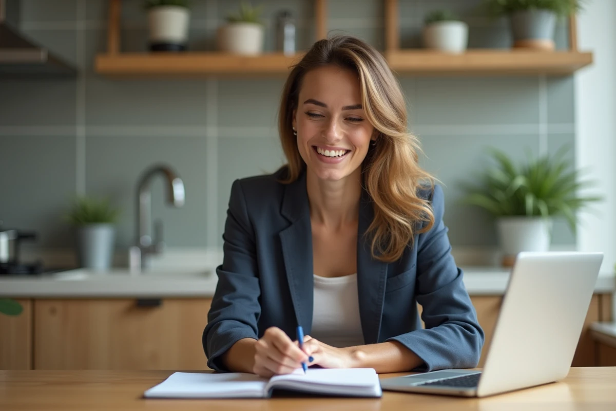 Femme souriante au bureau à domicile avec ordinateur
