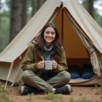 Jeune femme assise dans la nature avec tasse dans les Landes