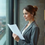 Femme confiante examinant un document de rebranding dans un bureau moderne