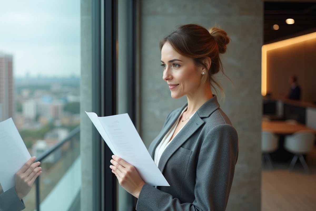 Femme confiante examinant un document de rebranding dans un bureau moderne