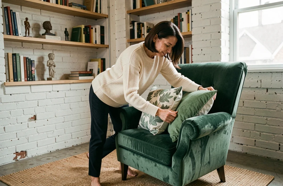 Femme arrangeant des coussins dans un fauteuil en velours vert dans un coin lecture cosy avec étagères en bois et mur en brique blanche