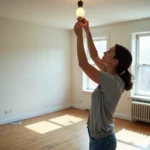 Femme dévissant une ampoule lors d'un déménagement dans un appartement vide